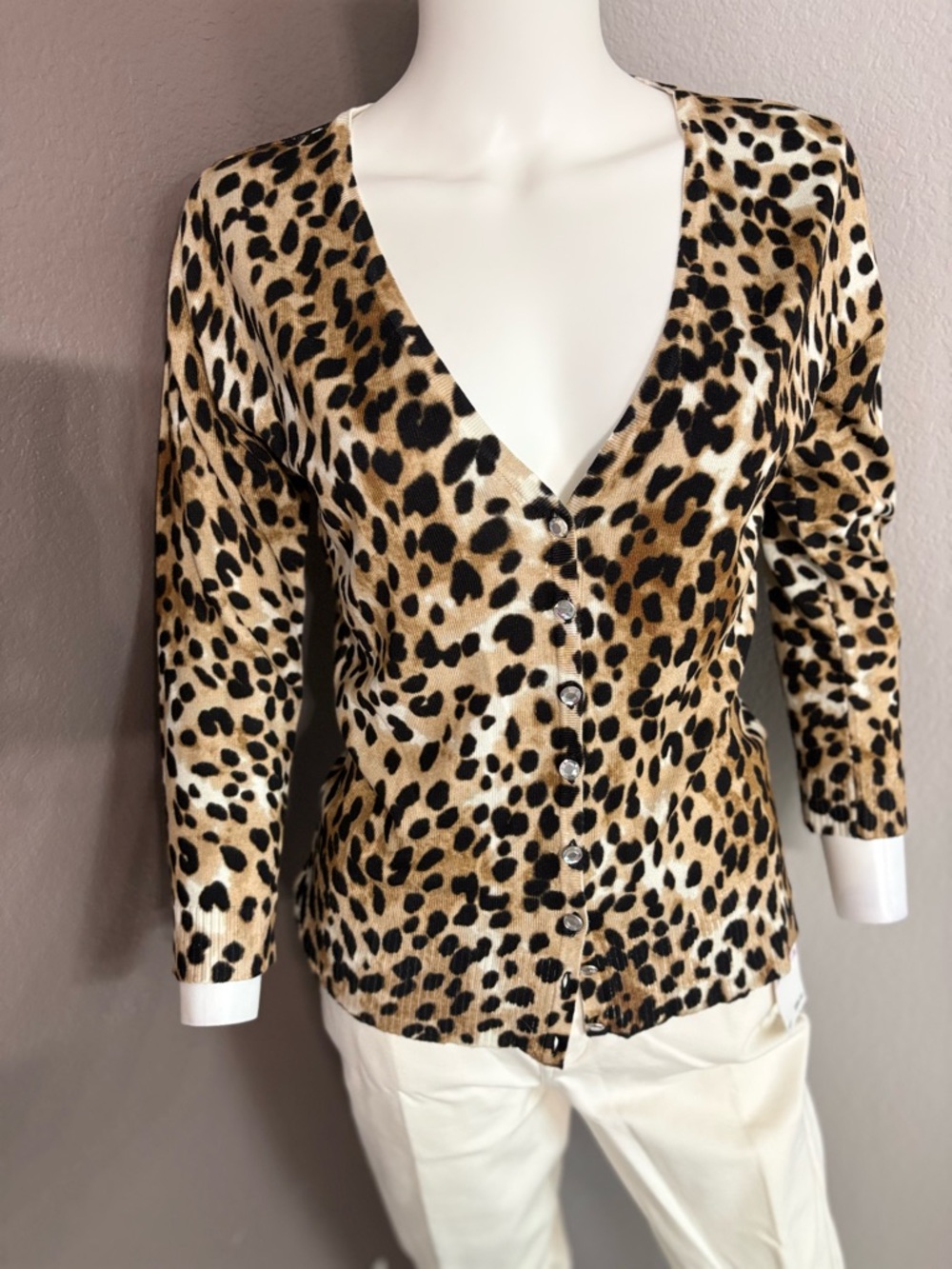 Premise Leopard Print Button-Front Cardigan in Tan Black Cream